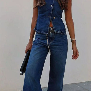 Stylish Denim Sleeveless Pants Set