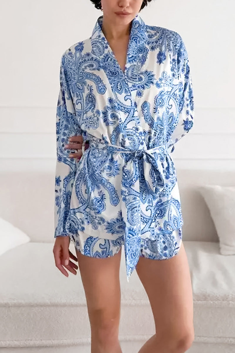 Elegant Print Pajama Set with Belt