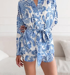Elegant Print Pajama Set with Belt