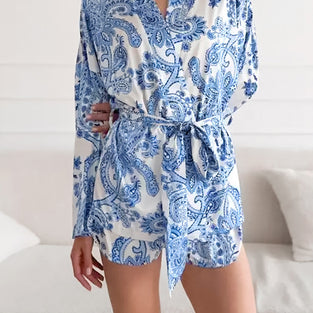 Elegant Print Pajama Set with Belt