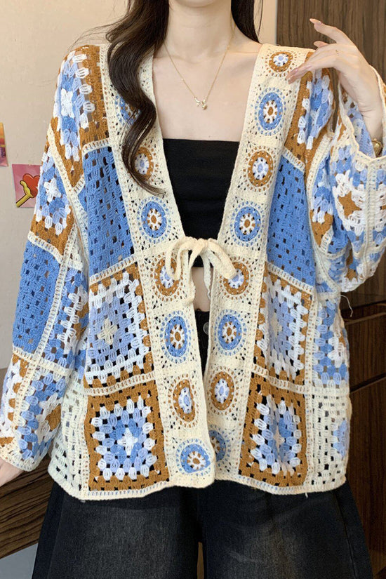 Crochet Hollow Tie Front Knit Cardigan