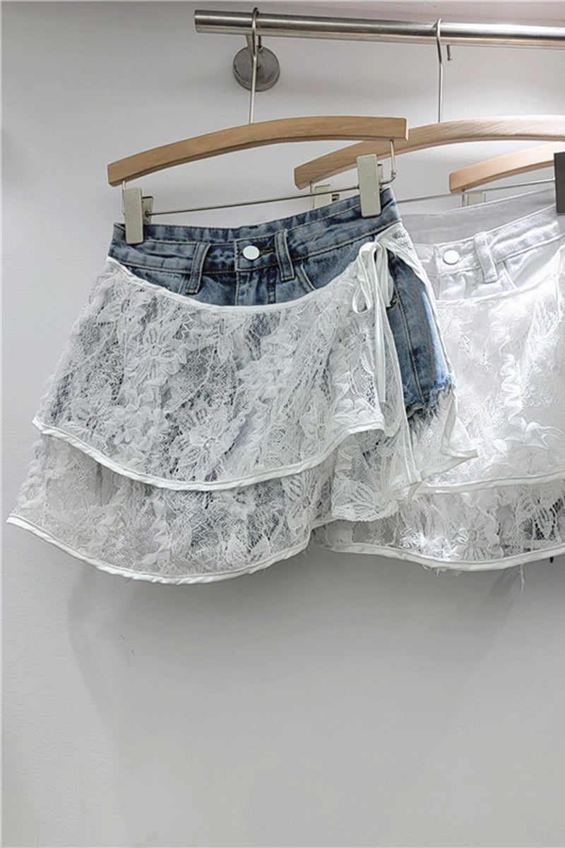 Layered Lace Denim Shorts