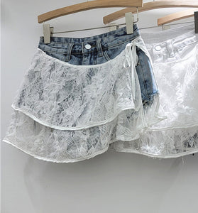 Layered Lace Denim Shorts
