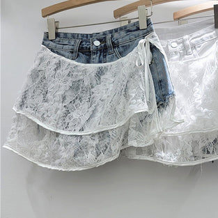Layered Lace Denim Shorts