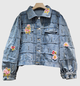 Floral Denim Jacket with Beaded Details