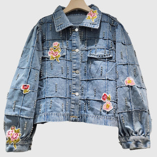 Floral Denim Jacket with Beaded Details