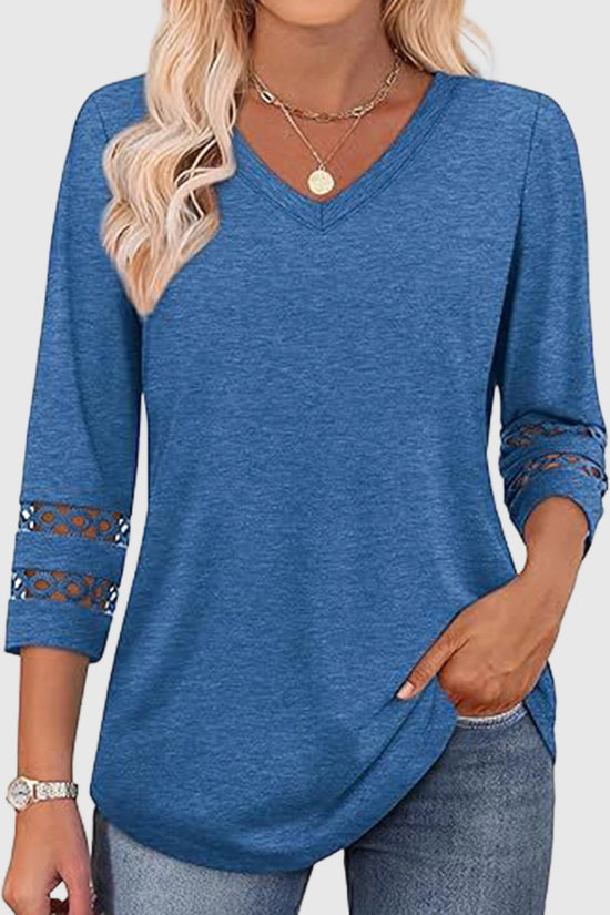 V-Neck Lace Sleeve Casual Top