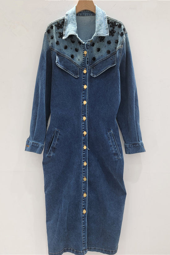 Embellished Button-Up Denim Dress