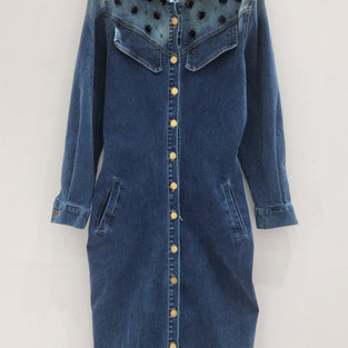 Embellished Button-Up Denim Dress