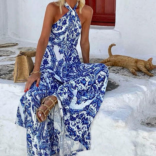 Halter Maxi Dress with Printed Details