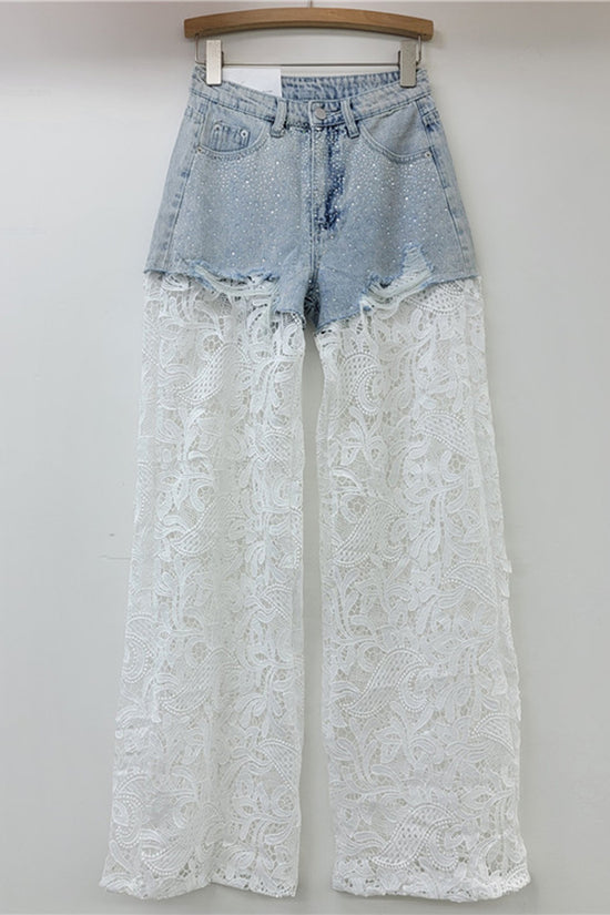 Lace Overlay Denim Casual Pants