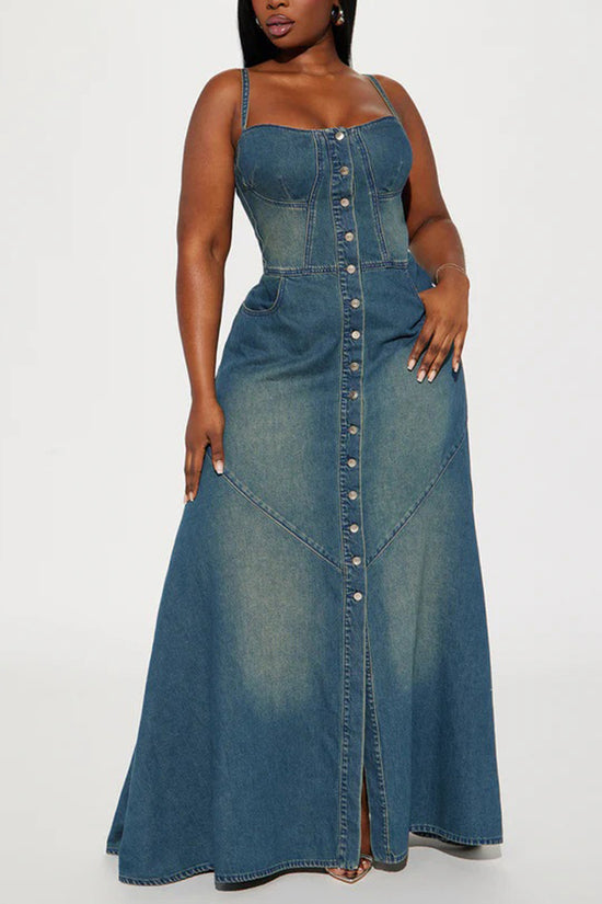 Button-Up Denim Maxi Dress