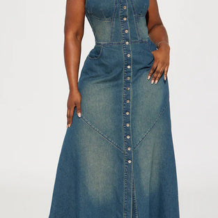 Button-Up Denim Maxi Dress