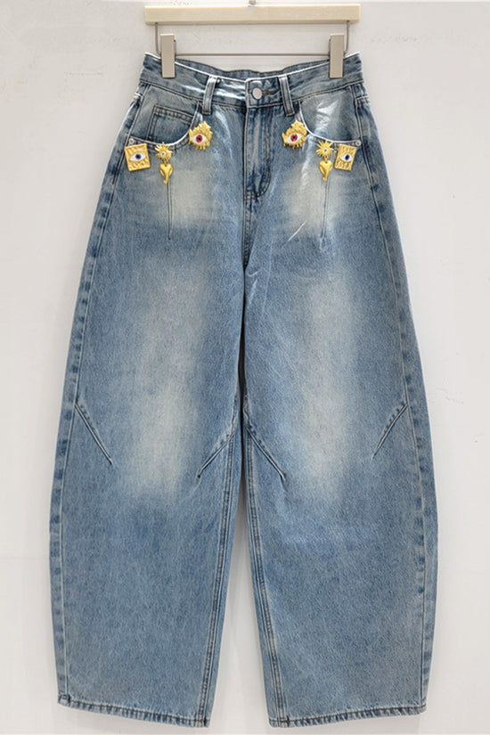 Floral Embellished Barrel Jeans
