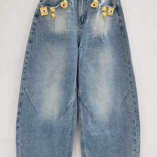 Floral Embellished Barrel Jeans