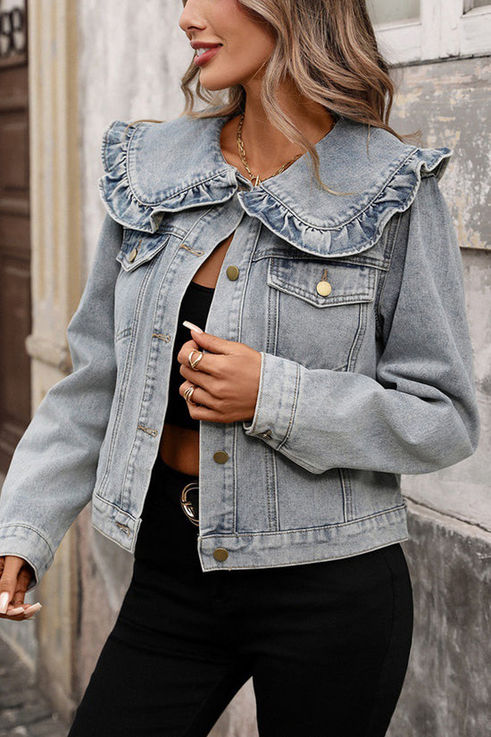 Stylish Ruffle Collar Denim Jacket