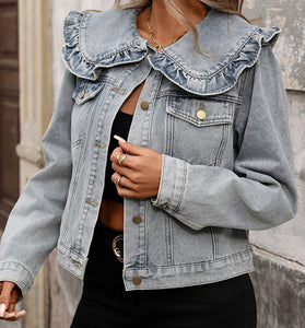 Stylish Ruffle Collar Denim Jacket