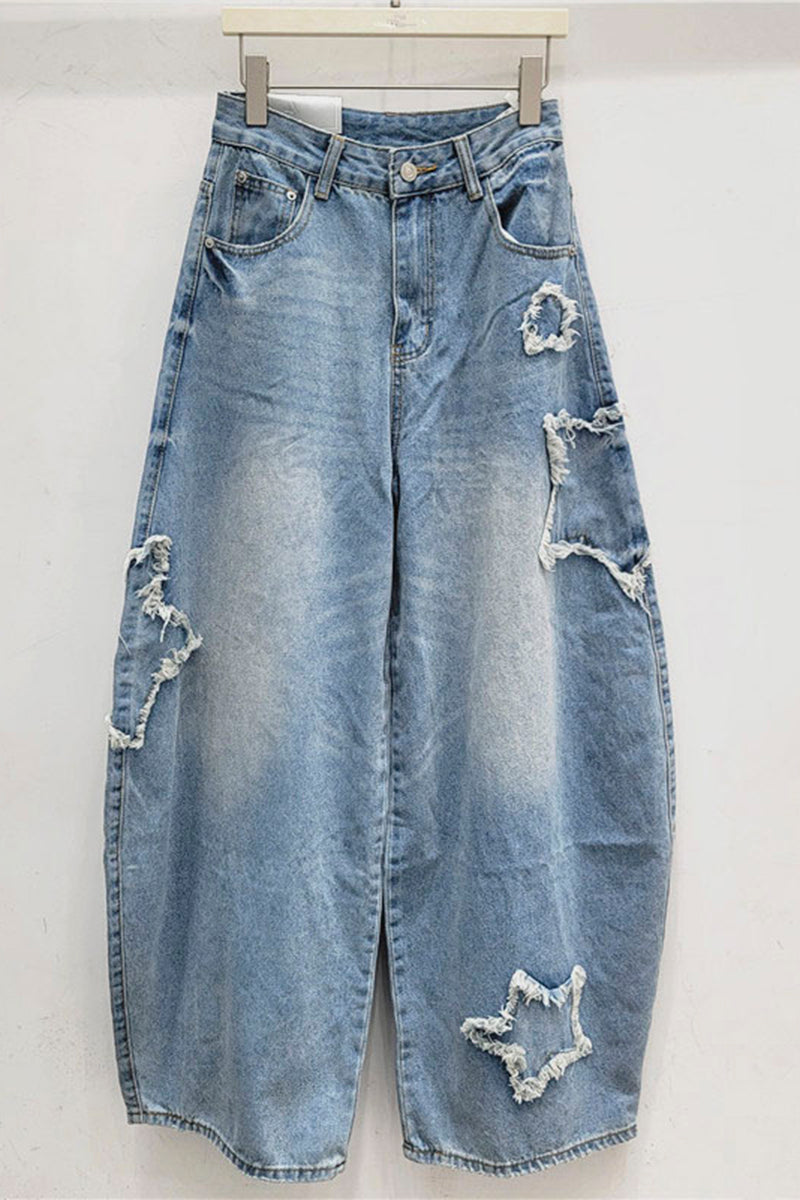 Star Patch Distressed Barrel Jeans