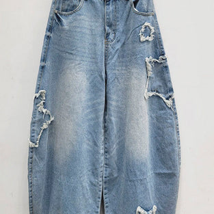 Star Patch Distressed Barrel Jeans