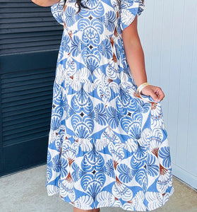 Tropical Print Flutter Sleeve Vacation Dress