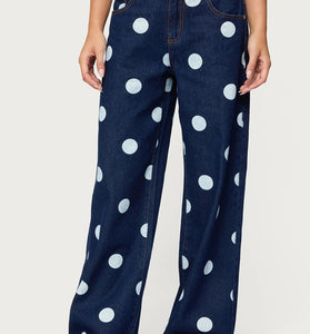 Polka Dot Denim Straight Jeans