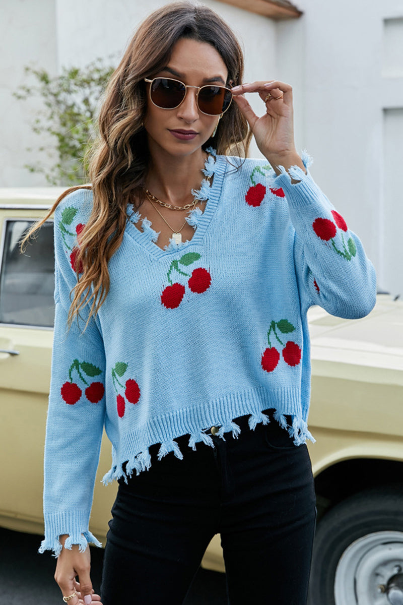 V-Neck Cherry Pattern Frayed Sweater