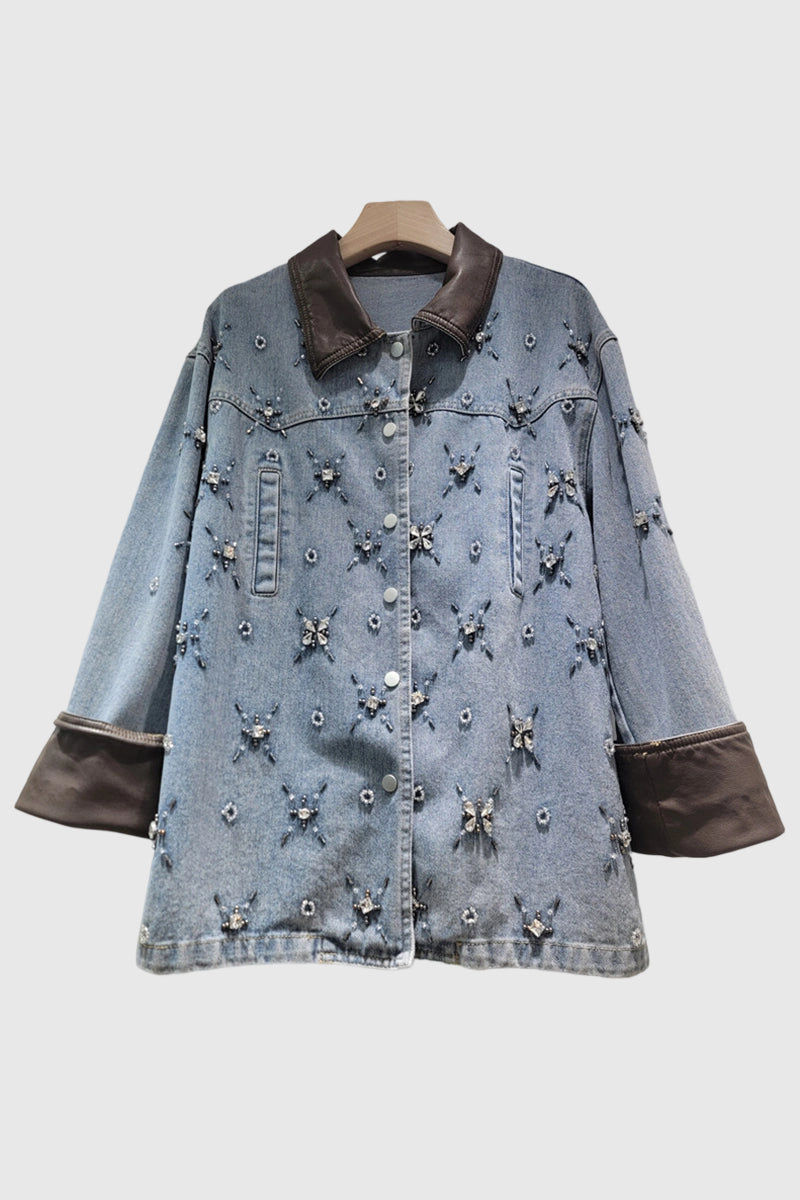 Embellished Denim Jacket with Contrast Collar