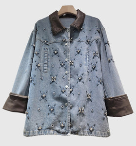 Embellished Denim Jacket with Contrast Collar
