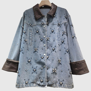 Embellished Denim Jacket with Contrast Collar
