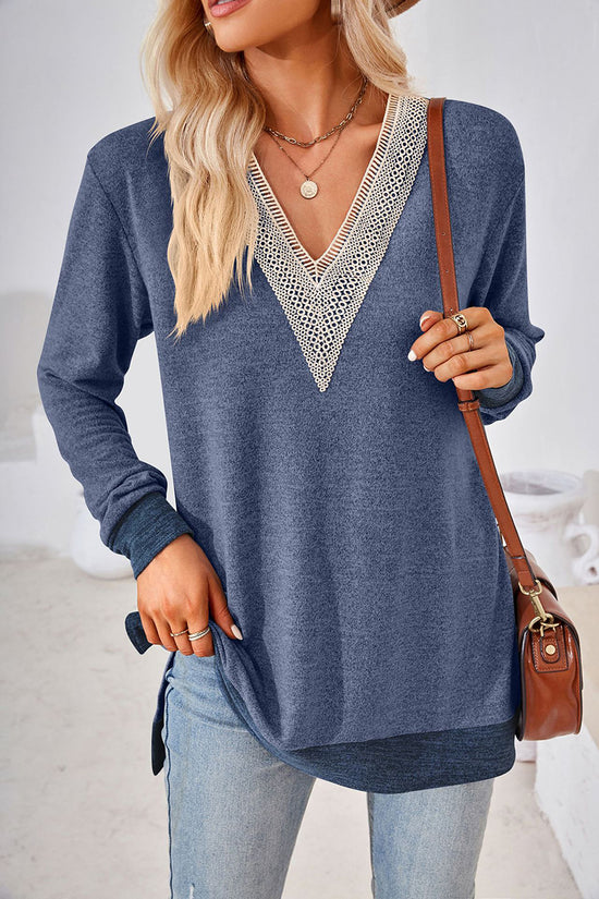 V-Neck Crochet Trim Long Sleeve Top