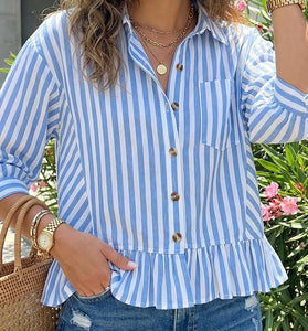 Striped Ruffle Hem Button-Up Blouse