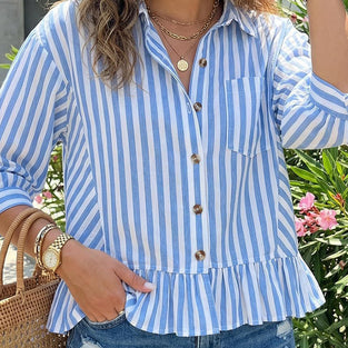 Striped Ruffle Hem Button-Up Blouse
