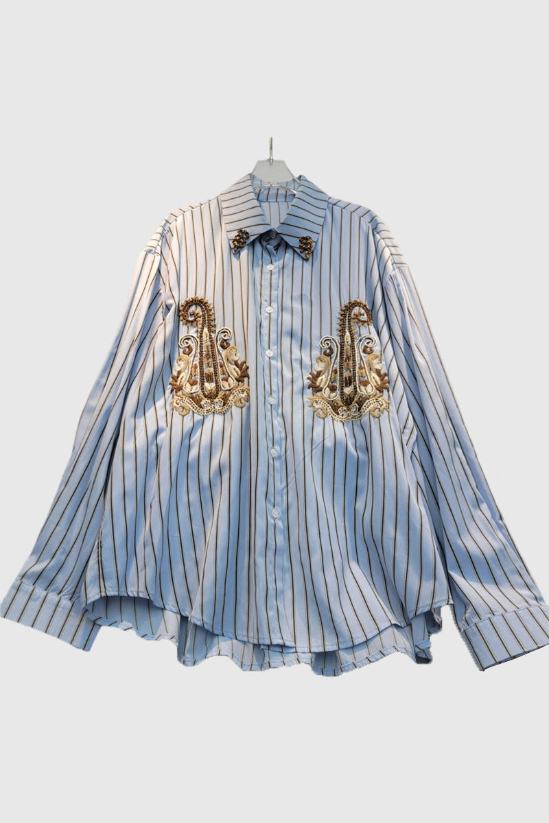 Striped Embroidered Button-Down Shirt