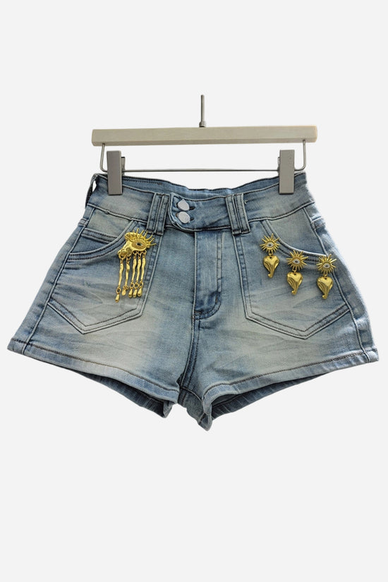Embellished Low Waist Denim Shorts
