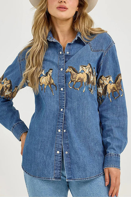 Horse Print Button-Up Denim Jacket