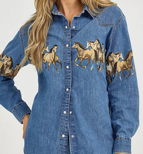 Horse Print Button-Up Denim Jacket