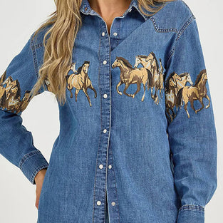Horse Print Button-Up Denim Jacket