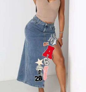 High-Slit Denim Skirt with Patch Details