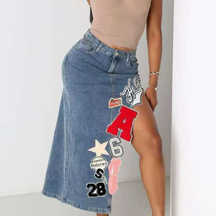High-Slit Denim Skirt with Patch Details