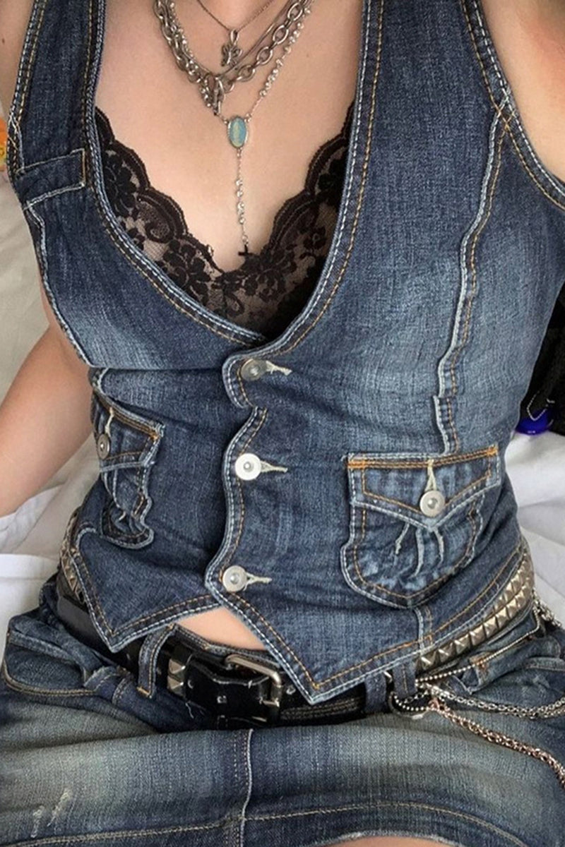 Buttoned Denim Sleeveless Vest
