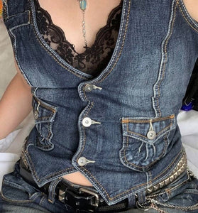 Buttoned Denim Sleeveless Vest