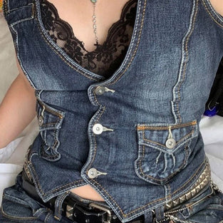 Buttoned Denim Sleeveless Vest
