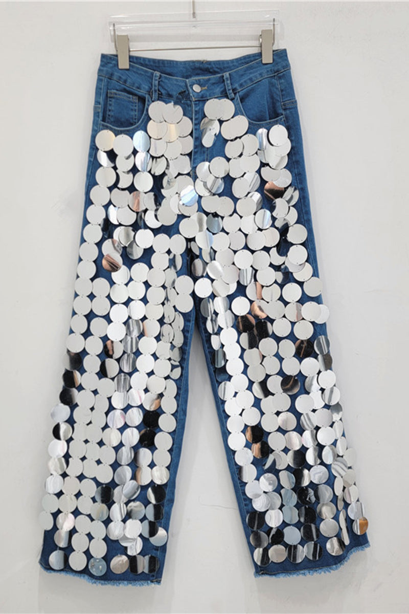 Reflective Sequin Straight Jeans