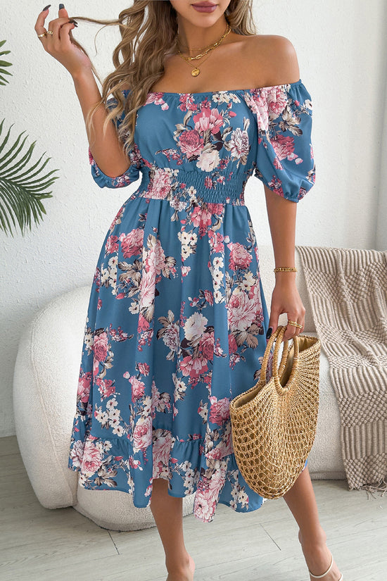 Off-Shoulder Floral Puff Sleeve Dress