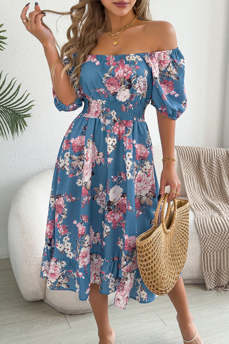 Off-Shoulder Floral Puff Sleeve Dress