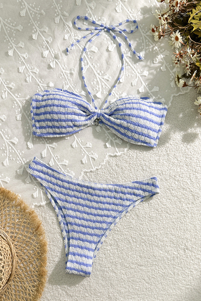 Striped Halter Bikini Set with Bow Detail
