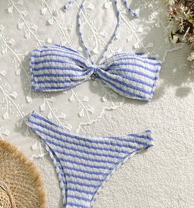 Striped Halter Bikini Set with Bow Detail