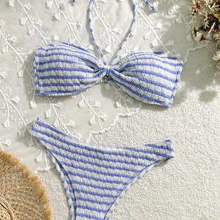 Striped Halter Bikini Set with Bow Detail