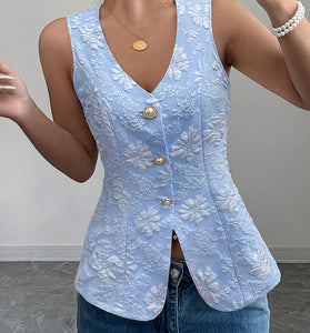 Floral Button-Detail Sleeveless Vest