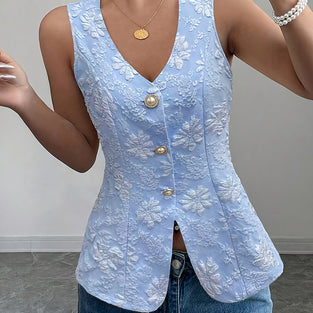 Floral Button-Detail Sleeveless Vest